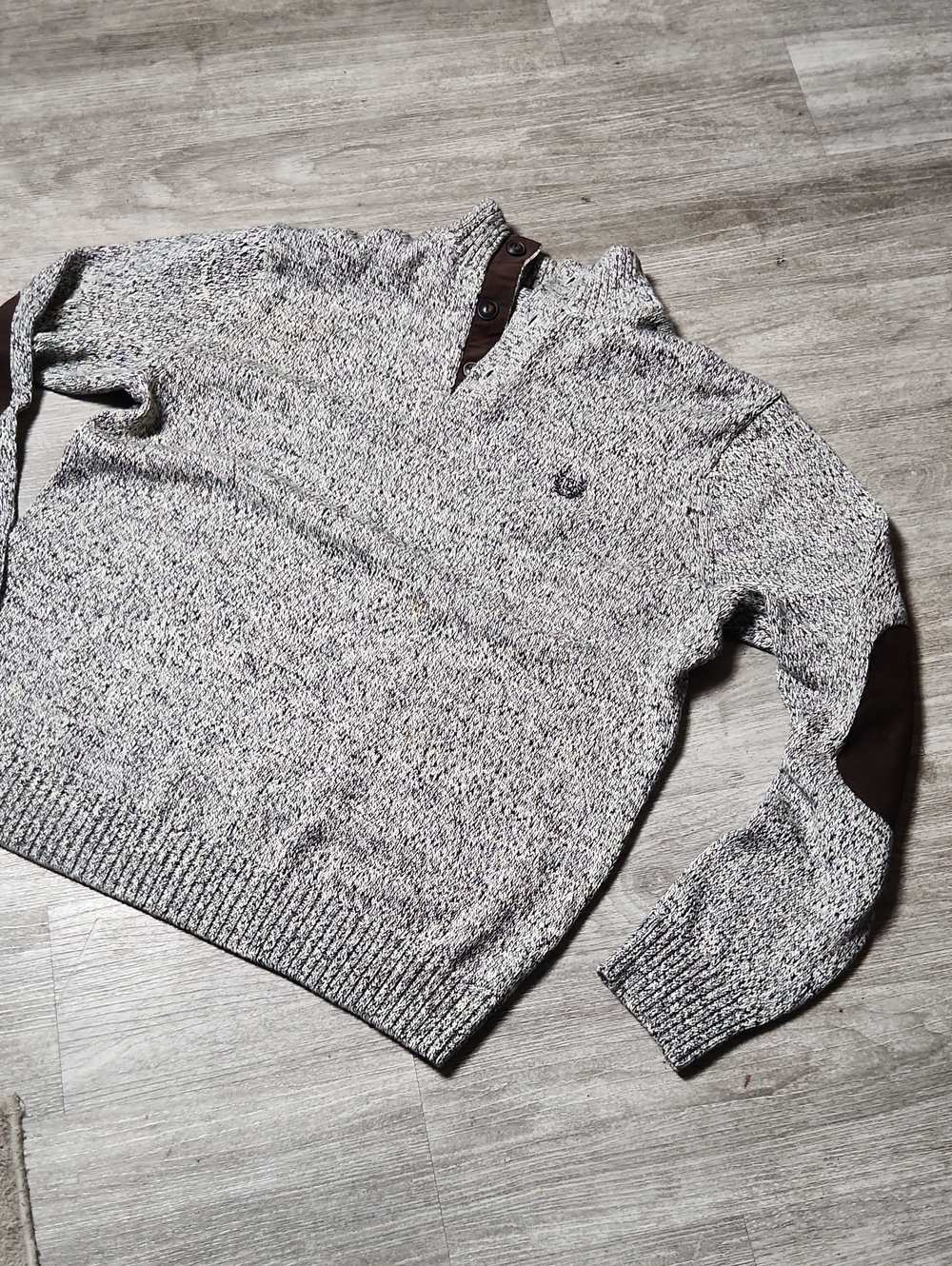Chaps Gray Marled Sweater with Brown Elbow Patches - Picture 2 of 12